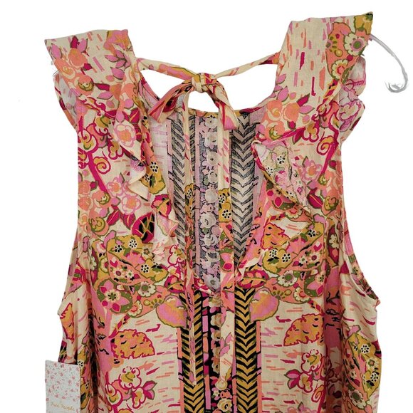 Free People NWT Size L Dress Mini Linen Blend Floral Keyhole Back Pullover Pink - Picture 6 of 13